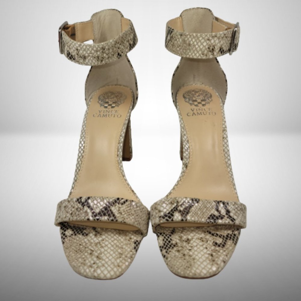 Vince Camuto BENDIVA Leather SNAKE PRINT Block Heel OPEN TOE Sandals Size: 7.5 - Picture 3 of 11